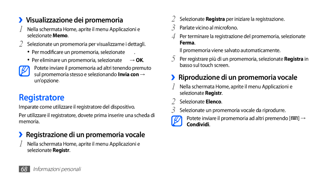 Samsung GT-S5570EGATIM Registratore, ››Visualizzazione dei promemoria, ››Registrazione di un promemoria vocale, Ferma 