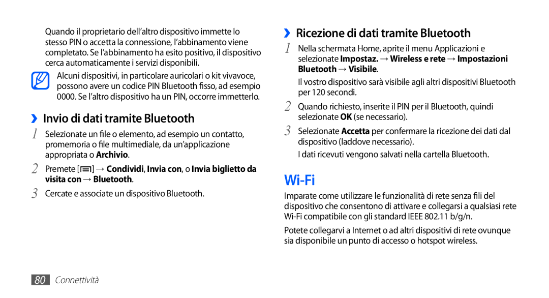 Samsung GT-S5570AAAITV, GT-S5570AAAHUI Wi-Fi, ››Invio di dati tramite Bluetooth, ››Ricezione di dati tramite Bluetooth 