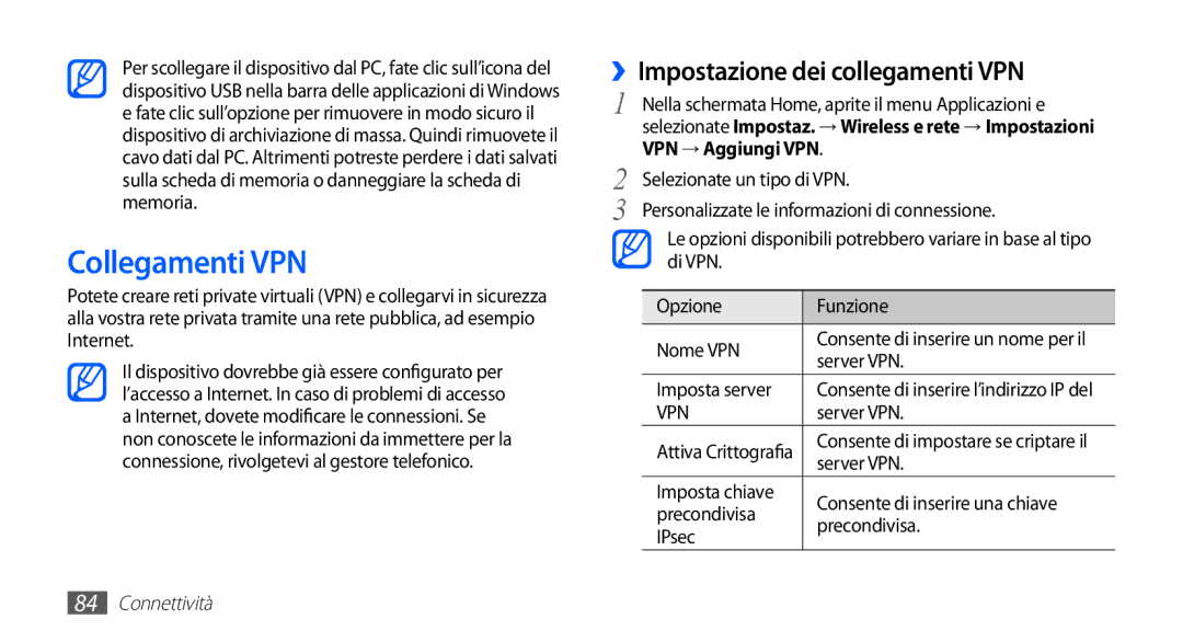 Samsung GT-S5570MAAOMN, GT-S5570AAAITV manual Collegamenti VPN, ››Impostazione dei collegamenti VPN, VPN → Aggiungi VPN 