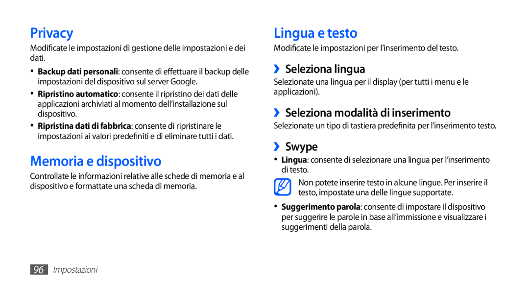 Samsung GT-S5570AAAVOM, GT-S5570AAAITV, GT-S5570AAAHUI, GT-S5570MOAWIN manual Privacy, Memoria e dispositivo, Lingua e testo 