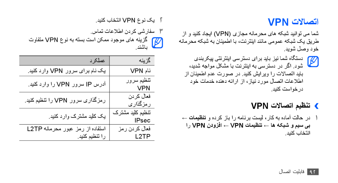 Samsung GT-S5570CWATHR, GT-S5570AAATUR manual Vpn تلااصتا میظنت››, ار Vpn ندوزفا ← Vpn تامیظنت ← اه هکبش و میس یب 