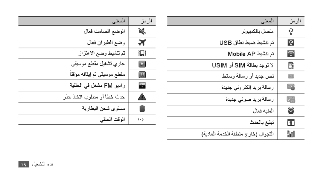 Samsung GT-S5570AAAXSS, GT-S5570AAATUR, GT-S5570AAAAFR, GT-S5570AAAEGY, GT-S5570AAAJED, GT-S5570AAAMID manual 19 بدء التشغيل 