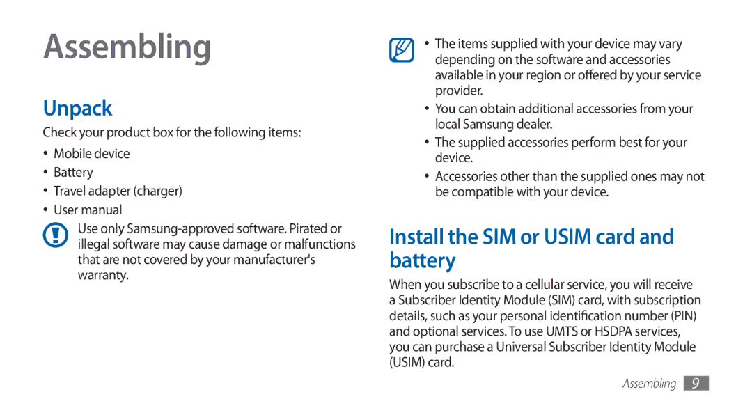 Samsung GT-S5570AAASKZ, GT-S5570AAATUR, GT-S5570AAAAFR manual Assembling, Unpack, Install the SIM or Usim card and battery 