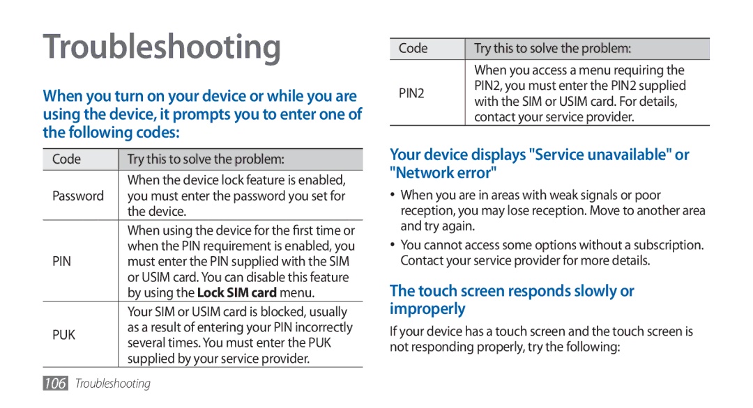 Samsung GT-S5570MAAXXV, GT-S5570AAATUR manual Troubleshooting, Your device displays Service unavailable or Network error 