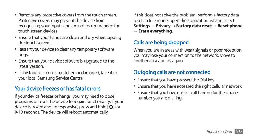 Samsung GT-S5570AAATUR Your device freezes or has fatal errors, Calls are being dropped, Outgoing calls are not connected 