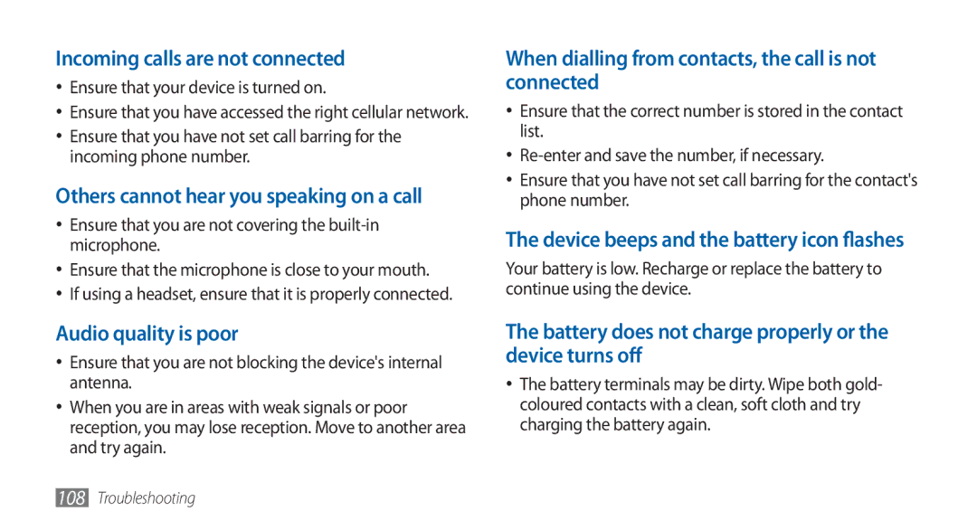 Samsung GT-S5570AAAAFR Incoming calls are not connected, Others cannot hear you speaking on a call, Audio quality is poor 