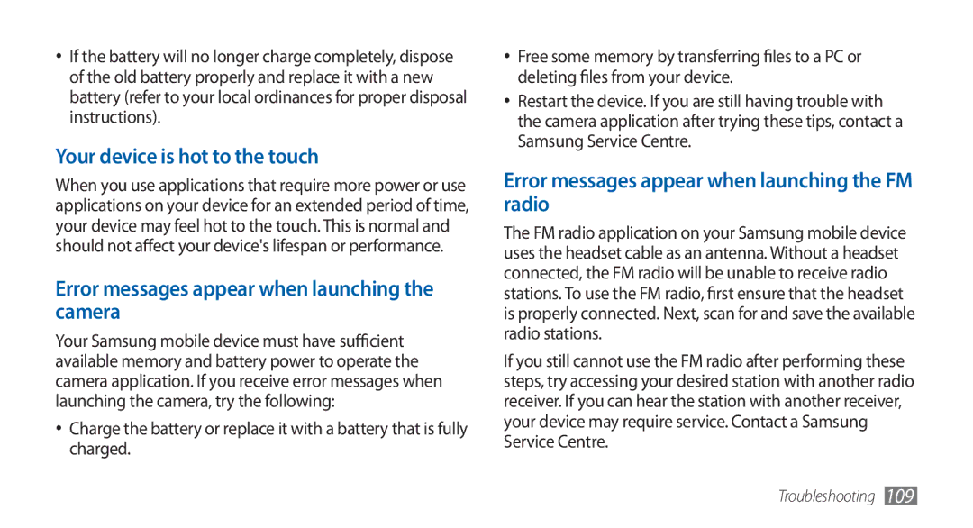 Samsung GT-S5570AAAEGY, GT-S5570AAATUR Your device is hot to the touch, Error messages appear when launching the camera 