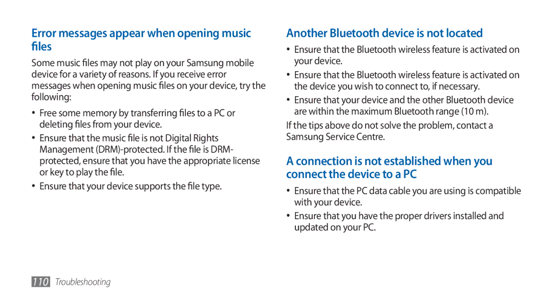 Samsung GT-S5570AAAJED manual Error messages appear when opening music files, Another Bluetooth device is not located 