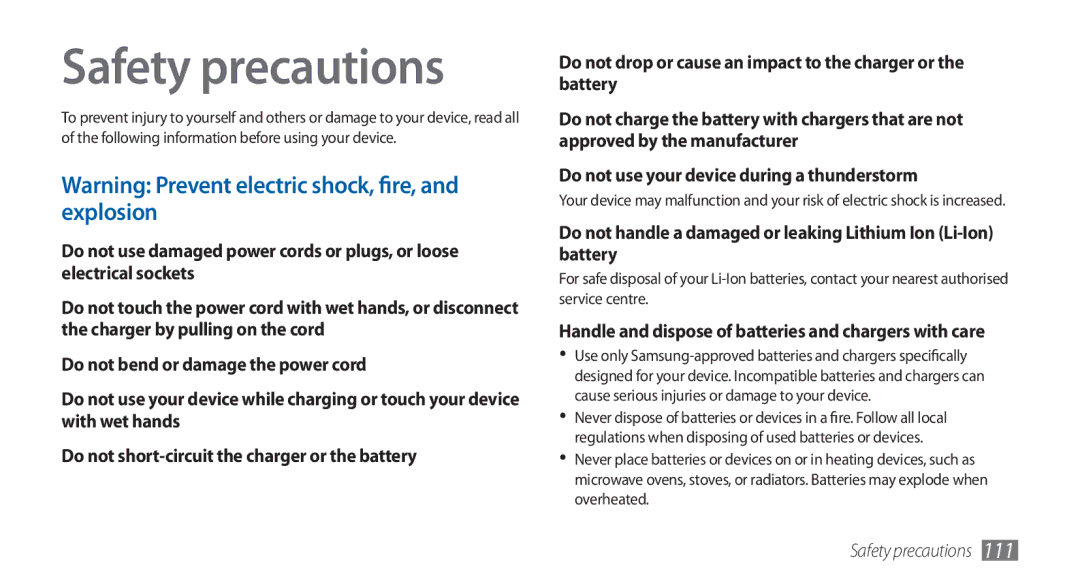 Samsung GT-S5570AAAMID, GT-S5570AAATUR manual Safety precautions, Handle and dispose of batteries and chargers with care 