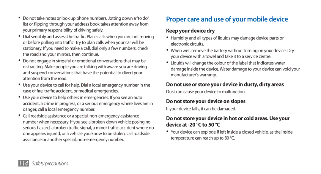 Samsung GT-S5570EGAJED, GT-S5570AAATUR, GT-S5570AAAAFR manual Proper care and use of your mobile device, Keep your device dry 