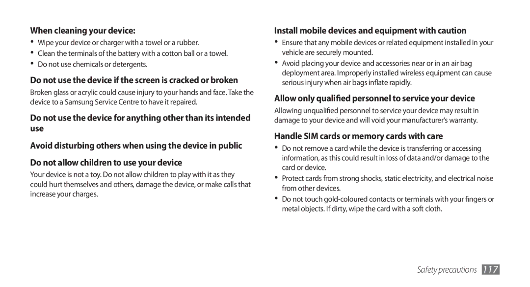 Samsung GT-S5570AAASKZ, GT-S5570AAATUR, GT-S5570AAAAFR, GT-S5570AAAEGY, GT-S5570AAAJED manual When cleaning your device 