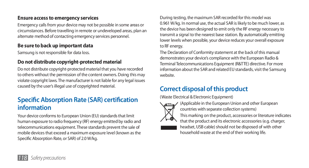 Samsung GT-S5570CWAABS manual Specific Absorption Rate SAR certification information, Correct disposal of this product 