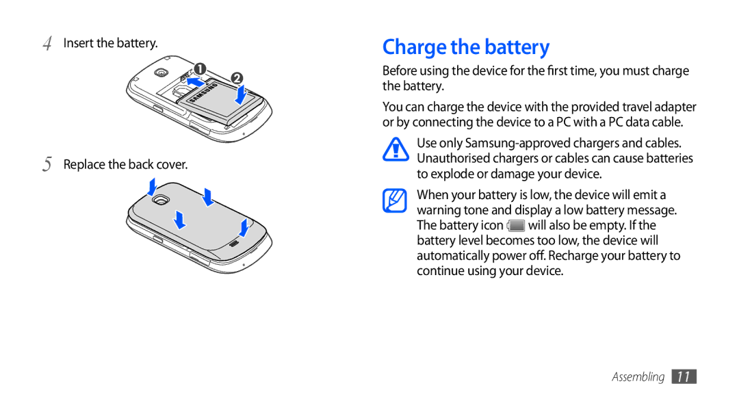 Samsung GT-S5570CWAJED, GT-S5570AAATUR, GT-S5570AAAAFR manual Charge the battery, Insert the battery Replace the back cover 