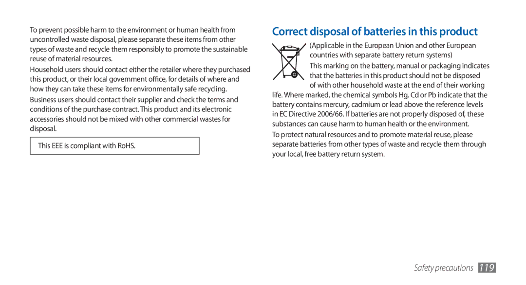 Samsung GT-S5570CWAJED, GT-S5570AAATUR, GT-S5570AAAAFR, GT-S5570AAAEGY manual Correct disposal of batteries in this product 