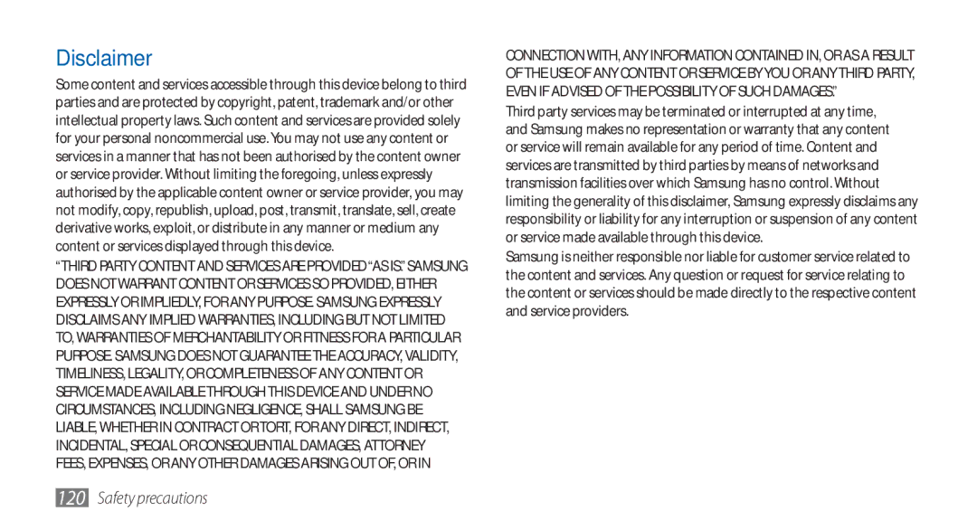 Samsung GT-S5570EGAKSA, GT-S5570AAATUR, GT-S5570AAAAFR, GT-S5570AAAEGY, GT-S5570AAAJED, GT-S5570AAAMID manual Disclaimer 