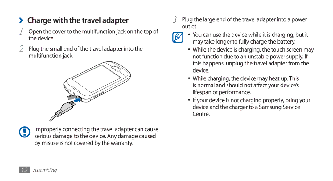 Samsung GT-S5570EGAKSA, GT-S5570AAATUR manual ›› Charge with the travel adapter, Device, Multifunction jack, Outlet 