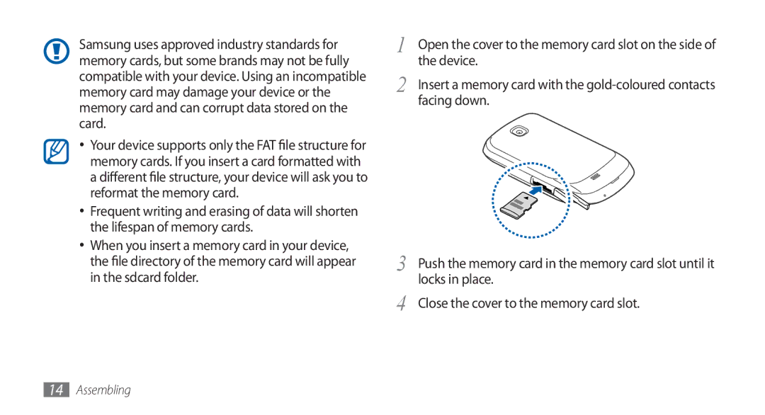 Samsung GT-S5570MAAABS, GT-S5570AAATUR, GT-S5570AAAAFR Facing down, Locks in place, Close the cover to the memory card slot 