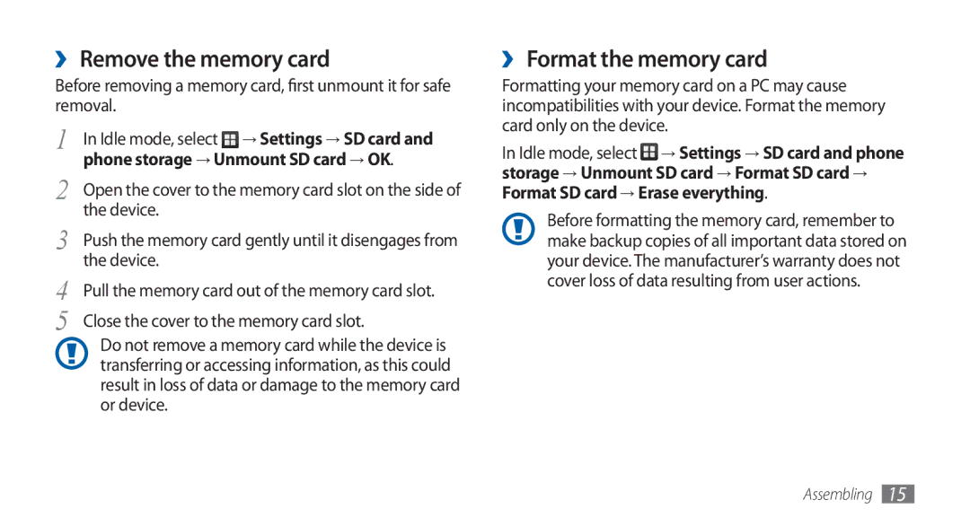 Samsung GT-S5570EGAMID manual ›› Remove the memory card, ›› Format the memory card, Phone storage → Unmount SD card → OK 