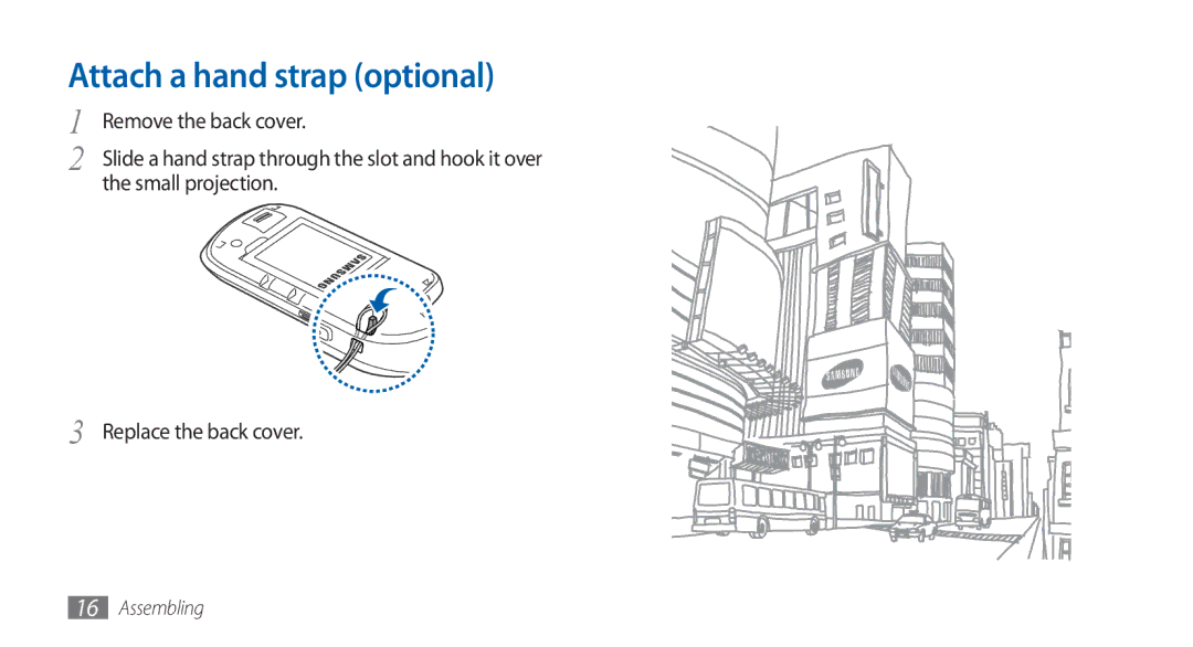 Samsung GT-S5570AAAMMC, GT-S5570AAATUR, GT-S5570AAAAFR, GT-S5570AAAEGY manual Attach a hand strap optional, Small projection 