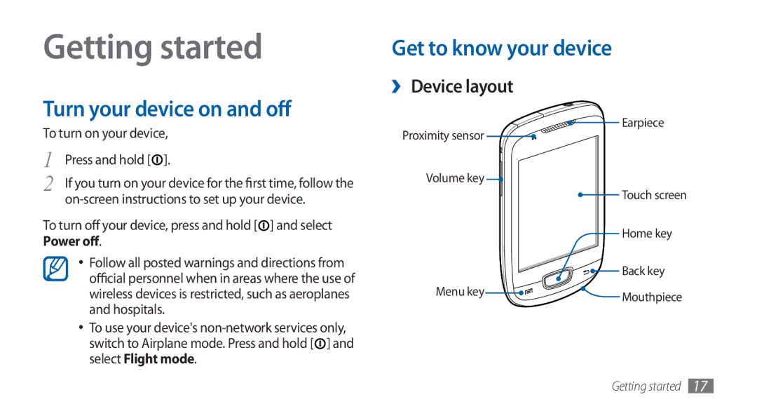 Samsung GT-S5570AAAPAK manual Getting started, Turn your device on and off, Get to know your device, ›› Device layout 