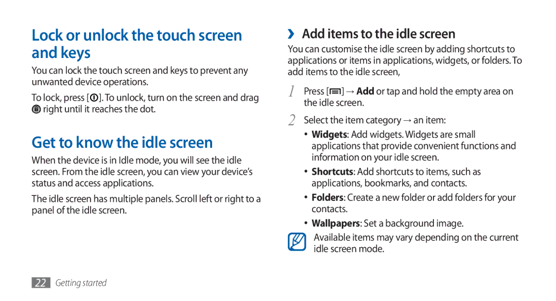 Samsung GT-S5570EGAABS, GT-S5570AAATUR Lock or unlock the touch screen and keys, Get to know the idle screen, Idle screen 