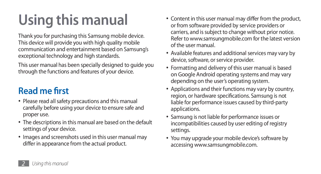 Samsung GT-S5570AAAJED, GT-S5570AAATUR, GT-S5570AAAAFR, GT-S5570AAAEGY, GT-S5570AAAMID Using this manual, Read me first 