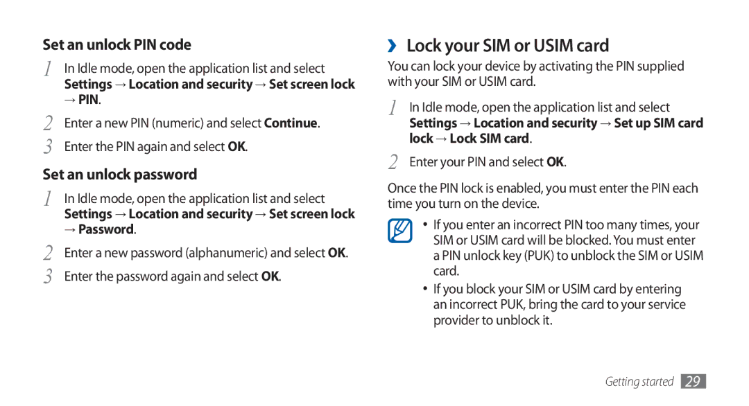 Samsung GT-S5570EGAAFR, GT-S5570AAATUR, GT-S5570AAAAFR, GT-S5570AAAEGY, GT-S5570AAAJED manual ›› Lock your SIM or Usim card 