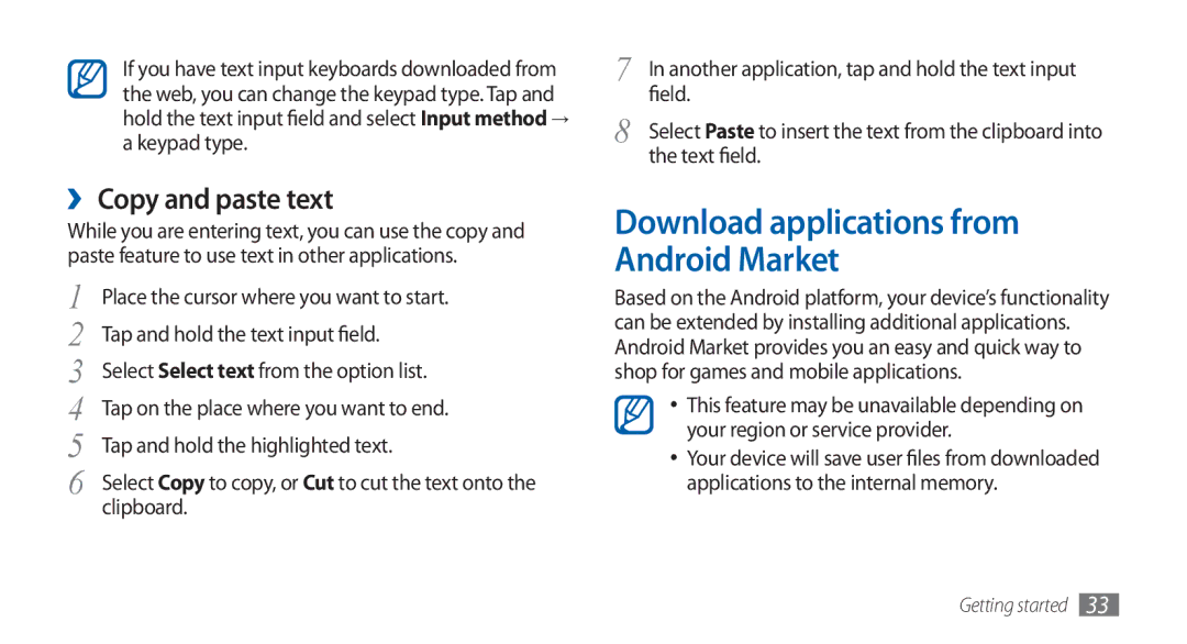 Samsung GT-S5570MAAXSG, GT-S5570AAATUR, GT-S5570AAAAFR Download applications from Android Market, ›› Copy and paste text 