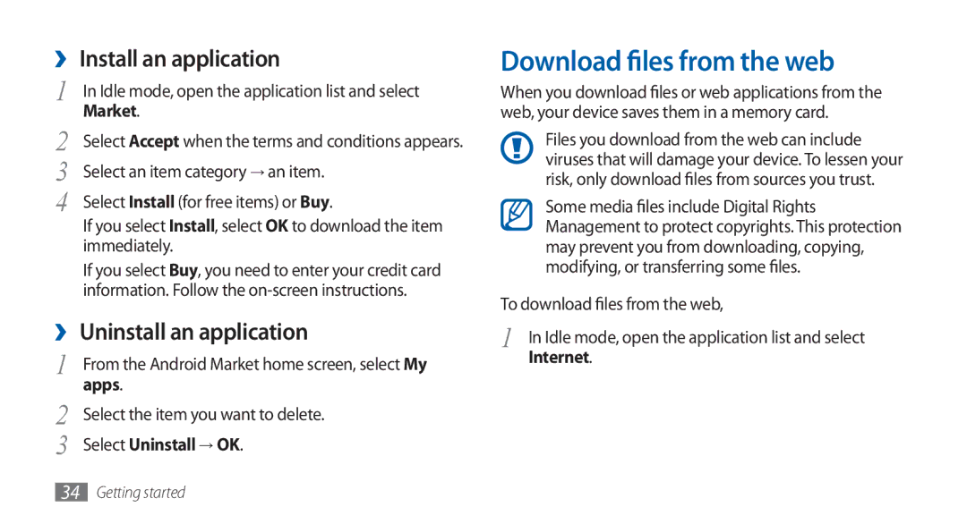 Samsung GT-S5570EGASKZ, GT-S5570AAATUR Download files from the web, ›› Install an application, ›› Uninstall an application 