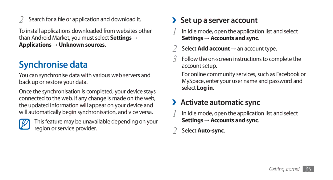 Samsung GT-S5570AAAXSG manual Synchronise data, ›› Set up a server account, ›› Activate automatic sync, Select Auto-sync 