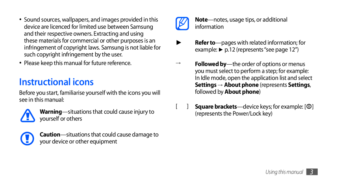 Samsung GT-S5570AAAMID, GT-S5570AAATUR, GT-S5570AAAAFR Instructional icons, Please keep this manual for future reference 