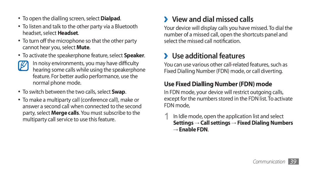 Samsung GT-S5570EGAPAK, GT-S5570AAATUR, GT-S5570AAAAFR manual ›› View and dial missed calls, ›› Use additional features 