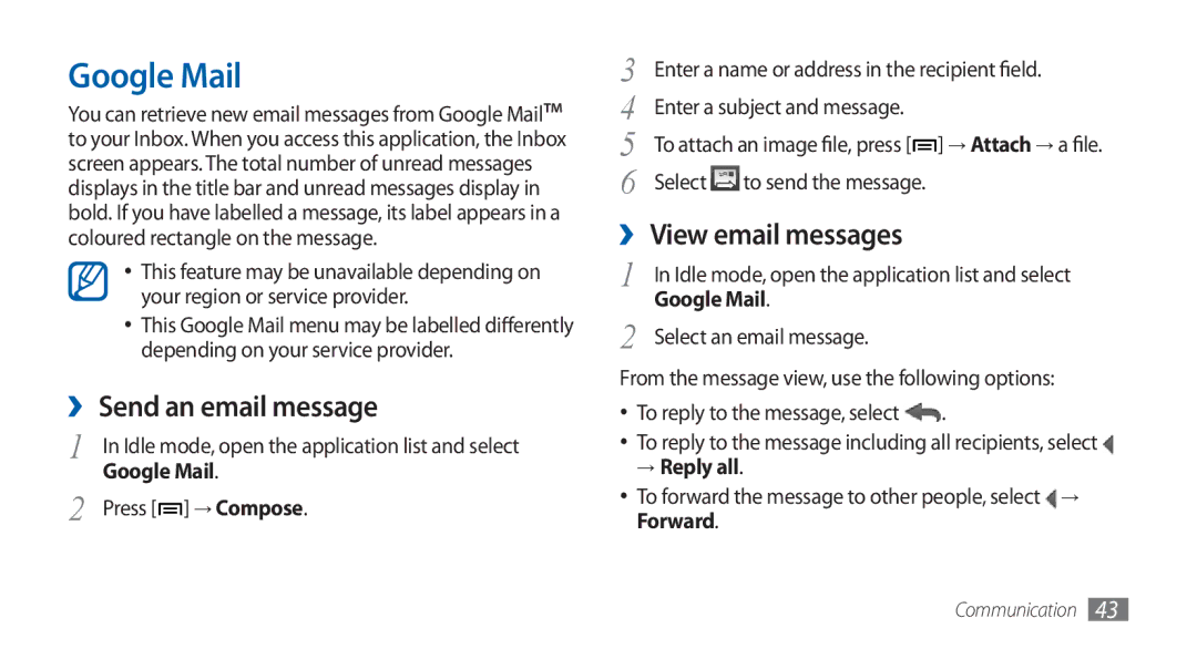 Samsung GT-S5570EGAEGY, GT-S5570AAATUR manual Google Mail, ›› Send an email message, ›› View email messages, → Reply all 