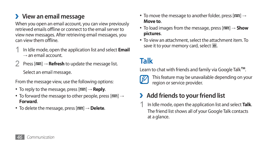 Samsung GT-S5570MOAABS manual Talk, ›› View an email message, ›› Add friends to your friend list, → an email account 