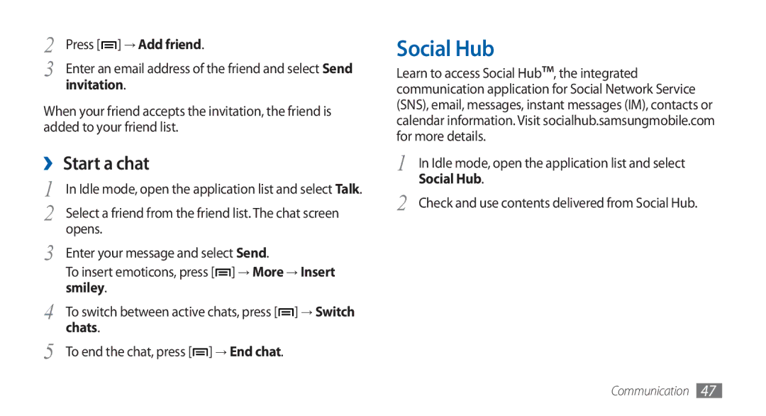 Samsung GT-S5570MOAJED, GT-S5570AAATUR, GT-S5570AAAAFR, GT-S5570AAAEGY, GT-S5570AAAJED manual Social Hub, ›› Start a chat 