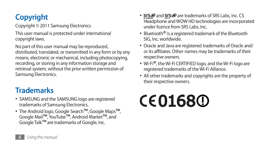 Samsung GT-S5570CWAXSG, GT-S5570AAATUR, GT-S5570AAAAFR, GT-S5570AAAEGY Trademarks, Copyright 2011 Samsung Electronics 