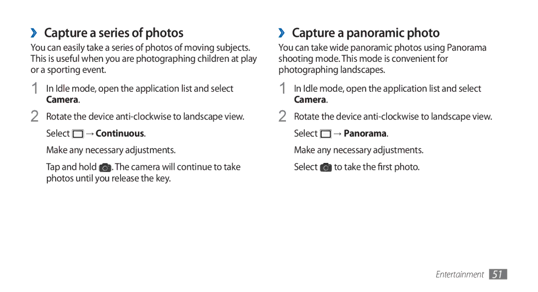 Samsung GT-S5570EGAXXV manual ›› Capture a series of photos, ›› Capture a panoramic photo, → Continuous, → Panorama 