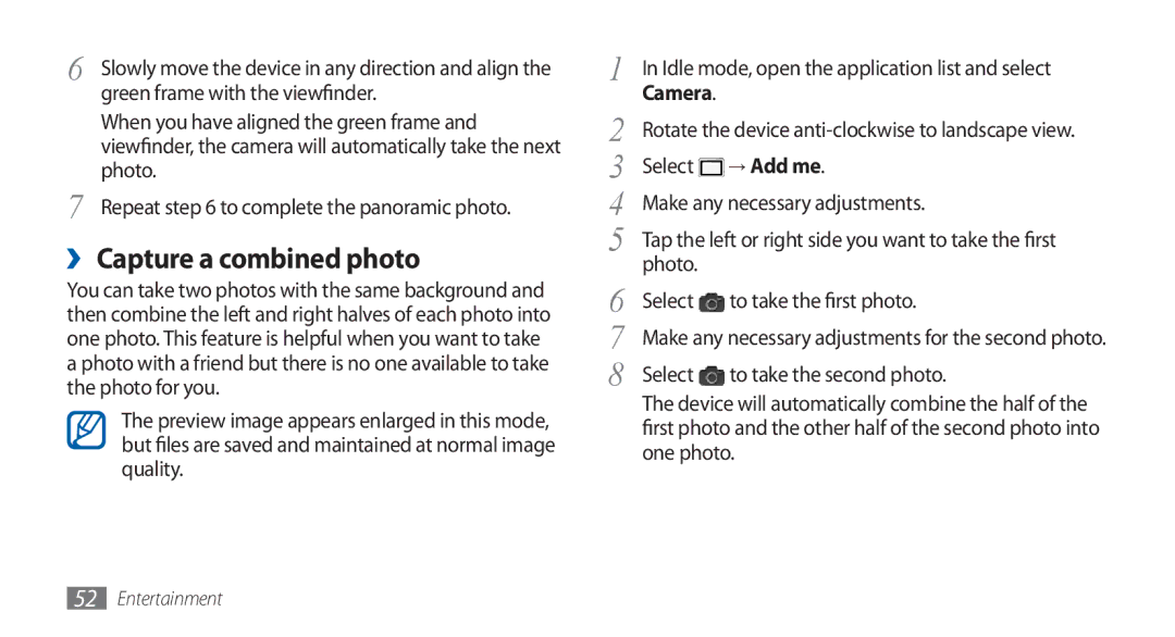 Samsung GT-S5570MAAXXV, GT-S5570AAATUR manual ›› Capture a combined photo, Green frame with the viewfinder, Photo, → Add me 