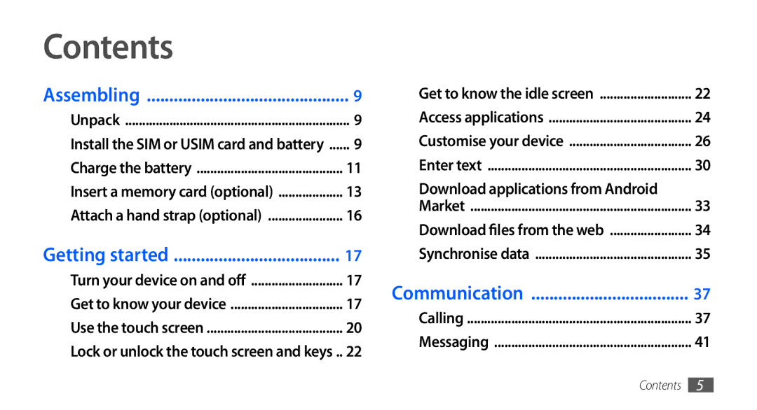 Samsung GT-S5570EGAECT, GT-S5570AAATUR, GT-S5570AAAAFR, GT-S5570AAAEGY, GT-S5570AAAJED, GT-S5570AAAMID, GT-S5570CWAXSG Contents 