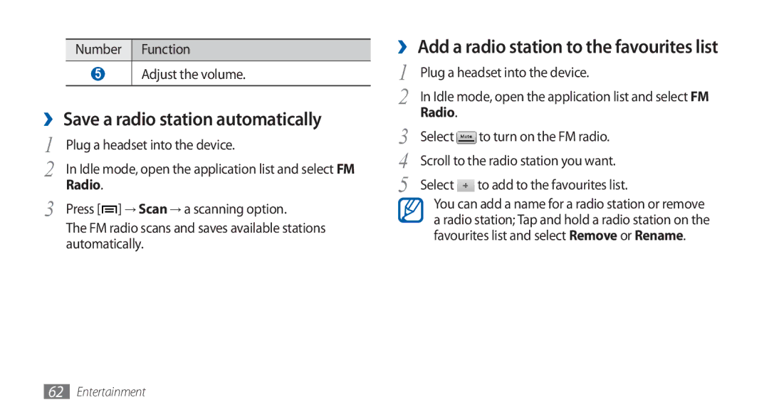 Samsung GT-S5570MOAAFR, GT-S5570AAATUR, GT-S5570AAAAFR, GT-S5570AAAEGY manual ›› Save a radio station automatically, Radio 