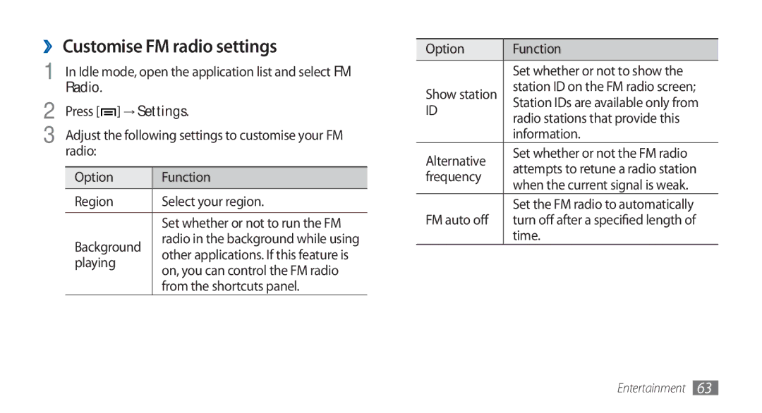 Samsung GT-S5570AAASKZ, GT-S5570AAATUR, GT-S5570AAAAFR, GT-S5570AAAEGY manual ›› Customise FM radio settings, → Settings 