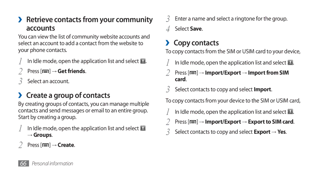 Samsung GT-S5570EGAKSA, GT-S5570AAATUR manual Accounts, ›› Create a group of contacts, ›› Copy contacts, → Groups, Card 