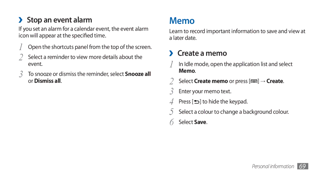 Samsung GT-S5570EGAMID, GT-S5570AAATUR manual Memo, ›› Stop an event alarm, ›› Create a memo, Event, Or Dismiss all 