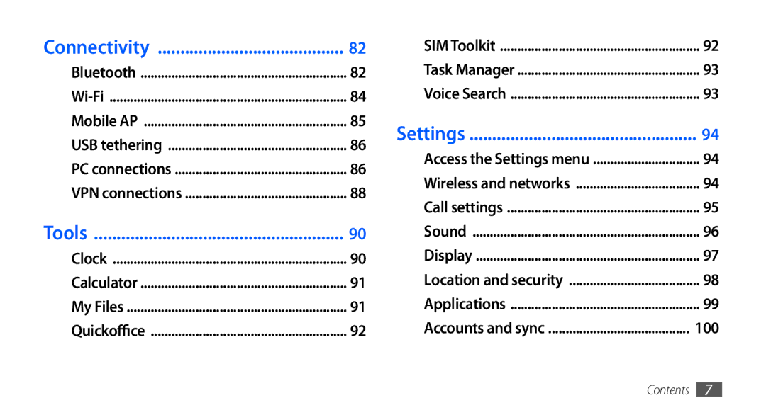 Samsung GT-S5570MAAMID, GT-S5570AAATUR, GT-S5570AAAAFR, GT-S5570AAAEGY, GT-S5570AAAJED manual Connectivity, Tools, Settings 