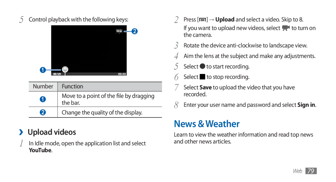 Samsung GT-S5570MOATHR News & Weather, ›› Upload videos, Camera, Select To start recording To stop recording, Recorded 