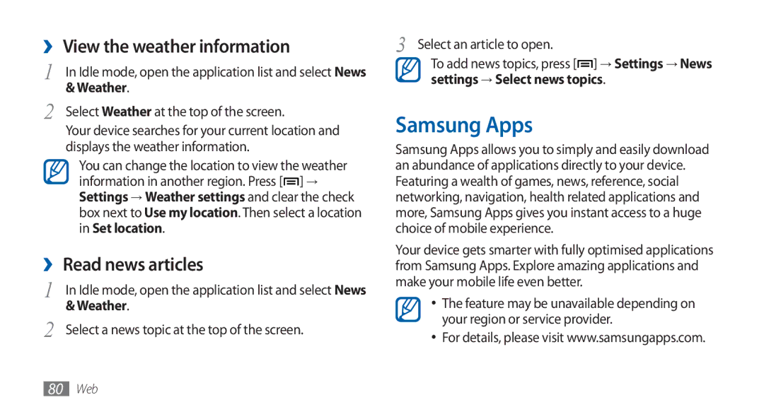 Samsung GT-S5570MOAXSG, GT-S5570AAATUR manual Samsung Apps, ›› View the weather information, ›› Read news articles, Weather 