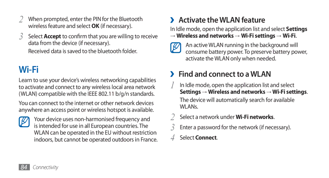 Samsung GT-S5570CWAXSS, GT-S5570AAATUR, GT-S5570AAAAFR Wi-Fi, ›› Activate the Wlan feature, ›› Find and connect to a Wlan 