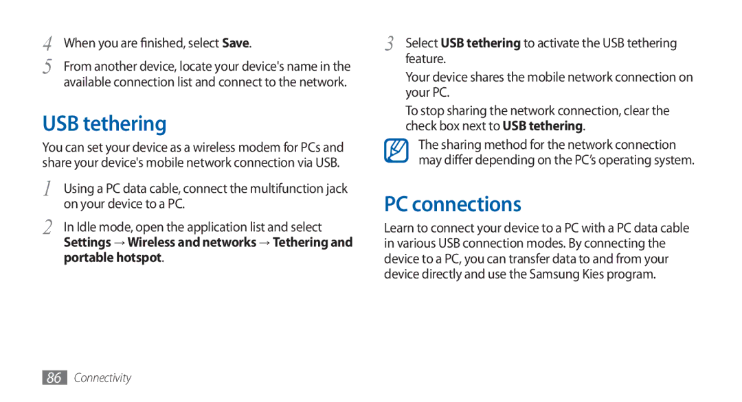 Samsung GT-S5570CWAKSA, GT-S5570AAATUR manual USB tethering, PC connections, On your device to a PC, Portable hotspot 