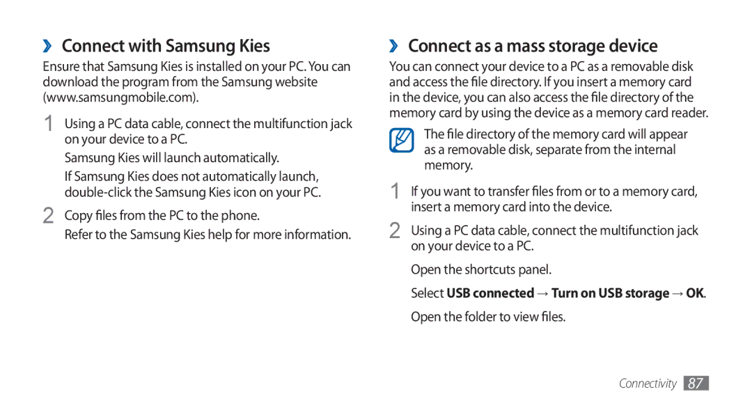 Samsung GT-S5570MAAXSG, GT-S5570AAATUR, GT-S5570AAAAFR ›› Connect with Samsung Kies, ›› Connect as a mass storage device 