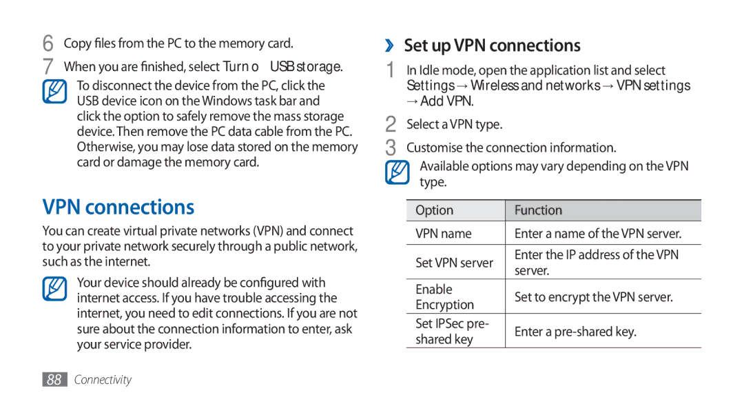 Samsung GT-S5570EGASKZ, GT-S5570AAATUR, GT-S5570AAAAFR, GT-S5570AAAEGY manual ›› Set up VPN connections, → Add VPN 